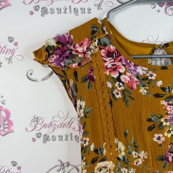 Mia joy dress long ruffle hem flowers crochet lace details Floral Mustard Dress - Picture 6 of 16
